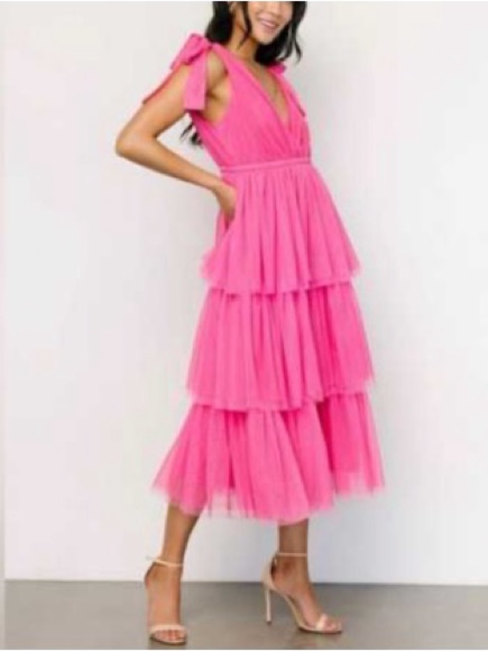 Baltic Born Tessa Tiered Tulle  Bright  Pink Midi Dress Size M Ruffles, Feminine